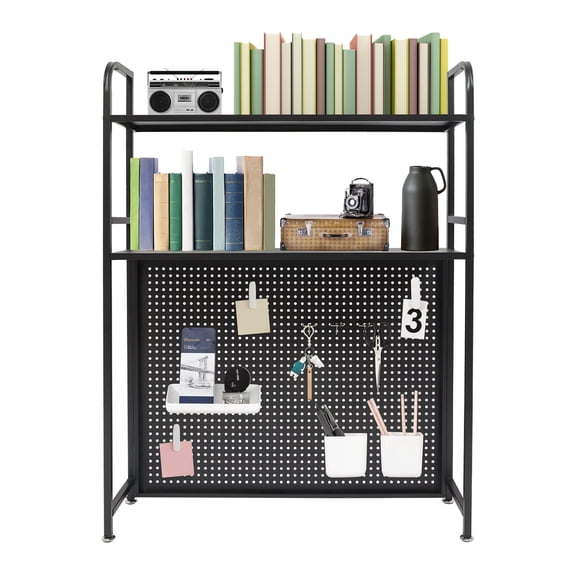 Black Desk Bookshelf Organizer Rack, 2 Tier Desk Shelf with Grid Pane & Pegboard Hooks Set, Desktop Hutch Bookshelf Office Supplies Organizer