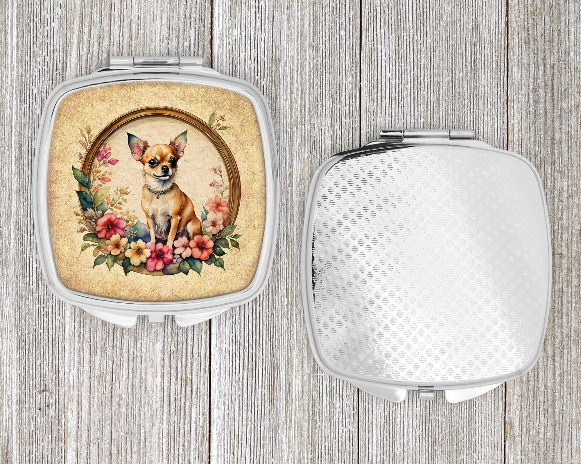 Chihuahua and Flowers Compact Mirror 2.75 in x 3 in