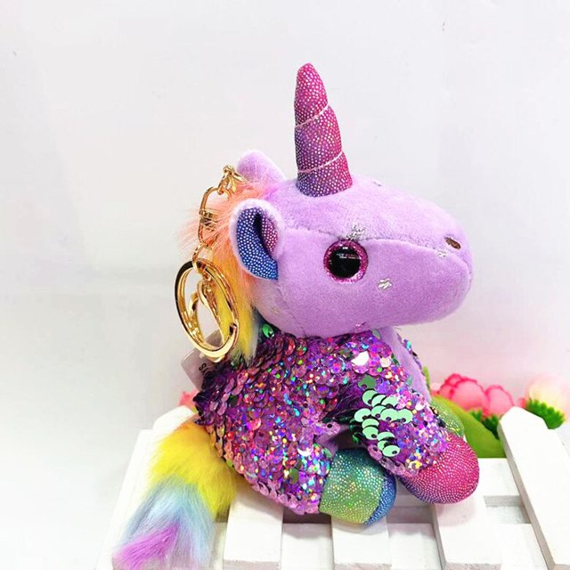 Llavero creativo de unicornio con lentejuelas, muñeco de peluche Kawaii de dibujos animados, adornos de bolsa de coche, juguetes suaves para niñas, regalo de cumpleaños, nuevo