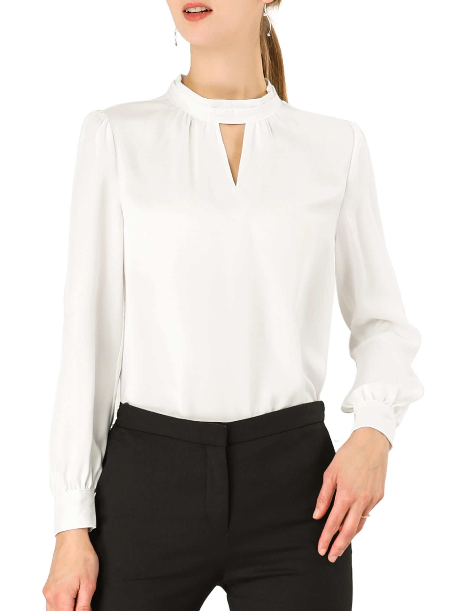 DARING DIVA Women's Stand Collar Long Sleeve Office Blouse M White
