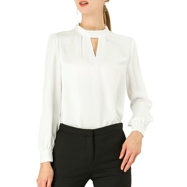 INSPIRE CHIC Women's Stand Collar Pleated Button Keyhole Button Blouse White 2XL