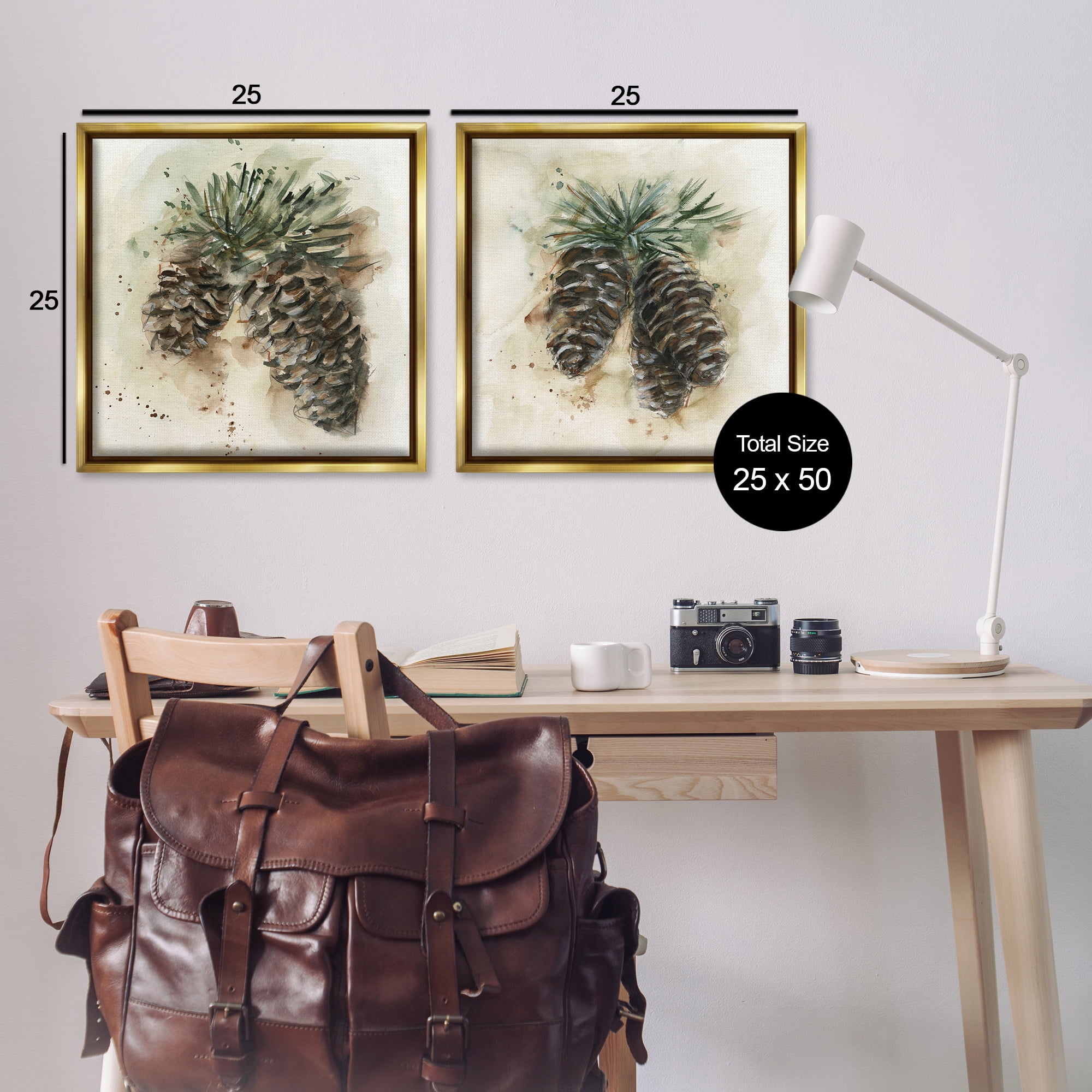 Stupell Industries Watercolor Drawing Pine Cones Plants & Flowers Painting Gold Floater Framed Canvas Art Print Wall Art, 25 x 25, Set of 2