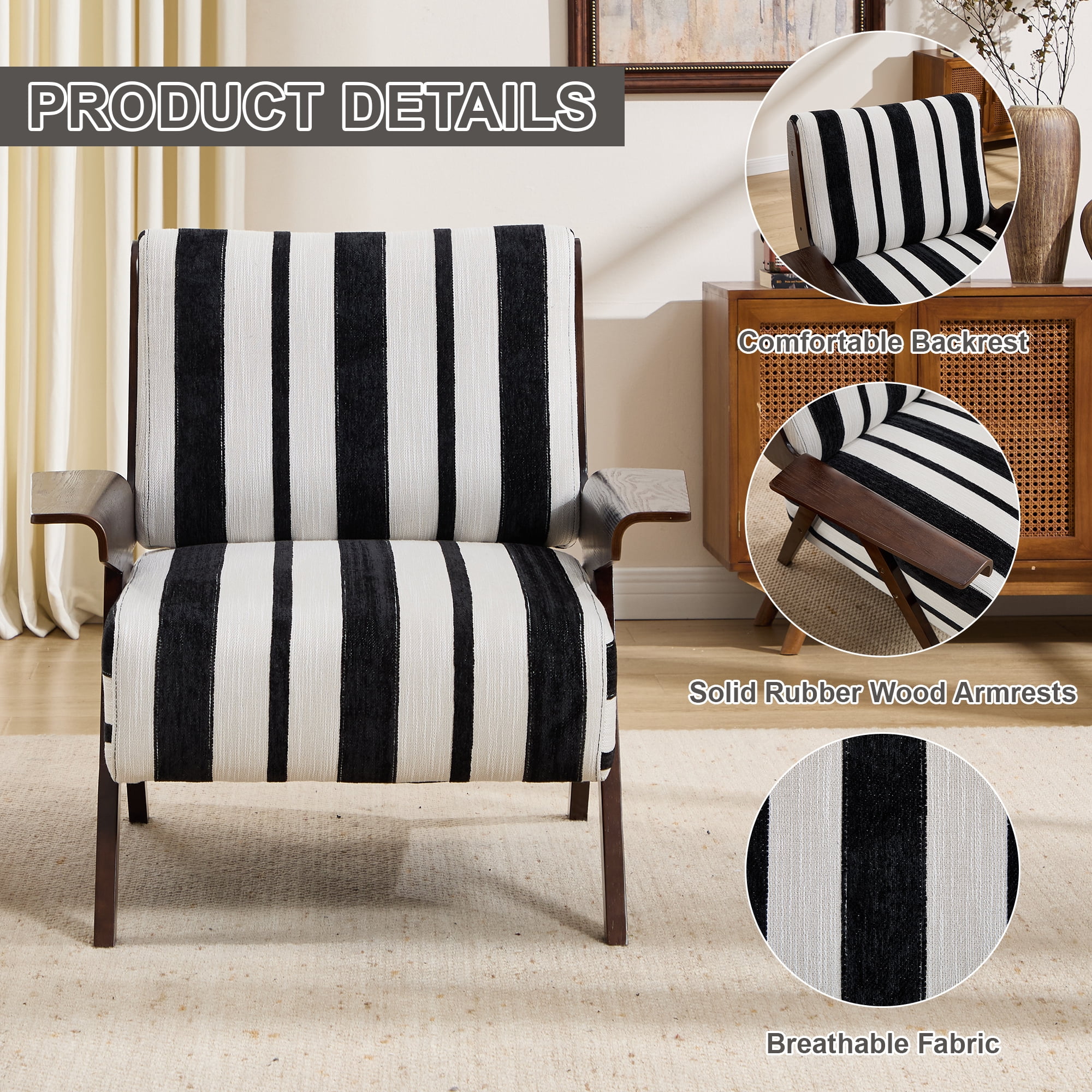 Leumius Modern Armchair with Widened Armrests Single Sofa Chair with Solid Wood Legs Comfortable Casual Reading Chair for Living Room, Bedroom, Office Black and White Stripes