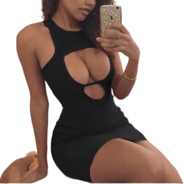 Femmes Bandage Bodycon Soirée Sans Manches Club Mini Robe Sans Manches Solide Creuse Robe Sexy