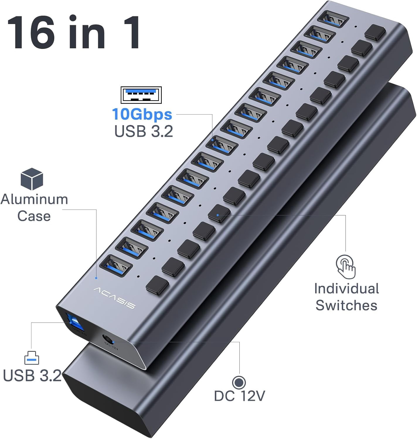 Powered USB 3.2 Hub, 16 Ports USB 3.2 Hub with 10Gbps Data Speed，Aluminum Housing, USB Hub Powered with 96W Power Adapter, USB Hub for PC/Laptop, Computer, Flash Drive, Printer, Camera