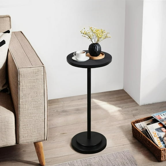 Drink Table, Carved Table Top Martini Table, Small Side Table, Weighted Base Pedestal Table for Living Room, Bedroom, Modern, Black
