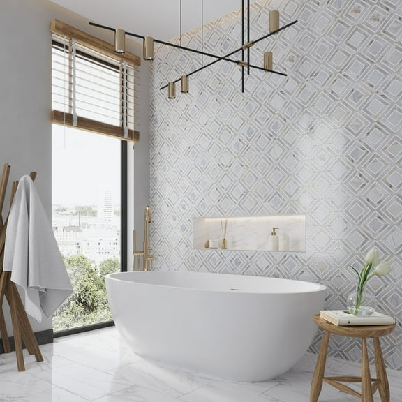 Serena 9x11 White Gray Calacatta Gold, Thassos Mosaic Framed Diamond Wall and Floor Tile (3.53 sq ft/case) - 5 Pack
