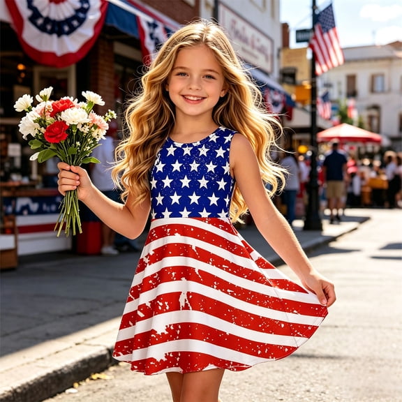 2026 New Girls Patriotic Sleeveless Dress For Girls Round Neck Red White Blue Party Outfit Classic Summer Dress(Blue,13-14 Years)