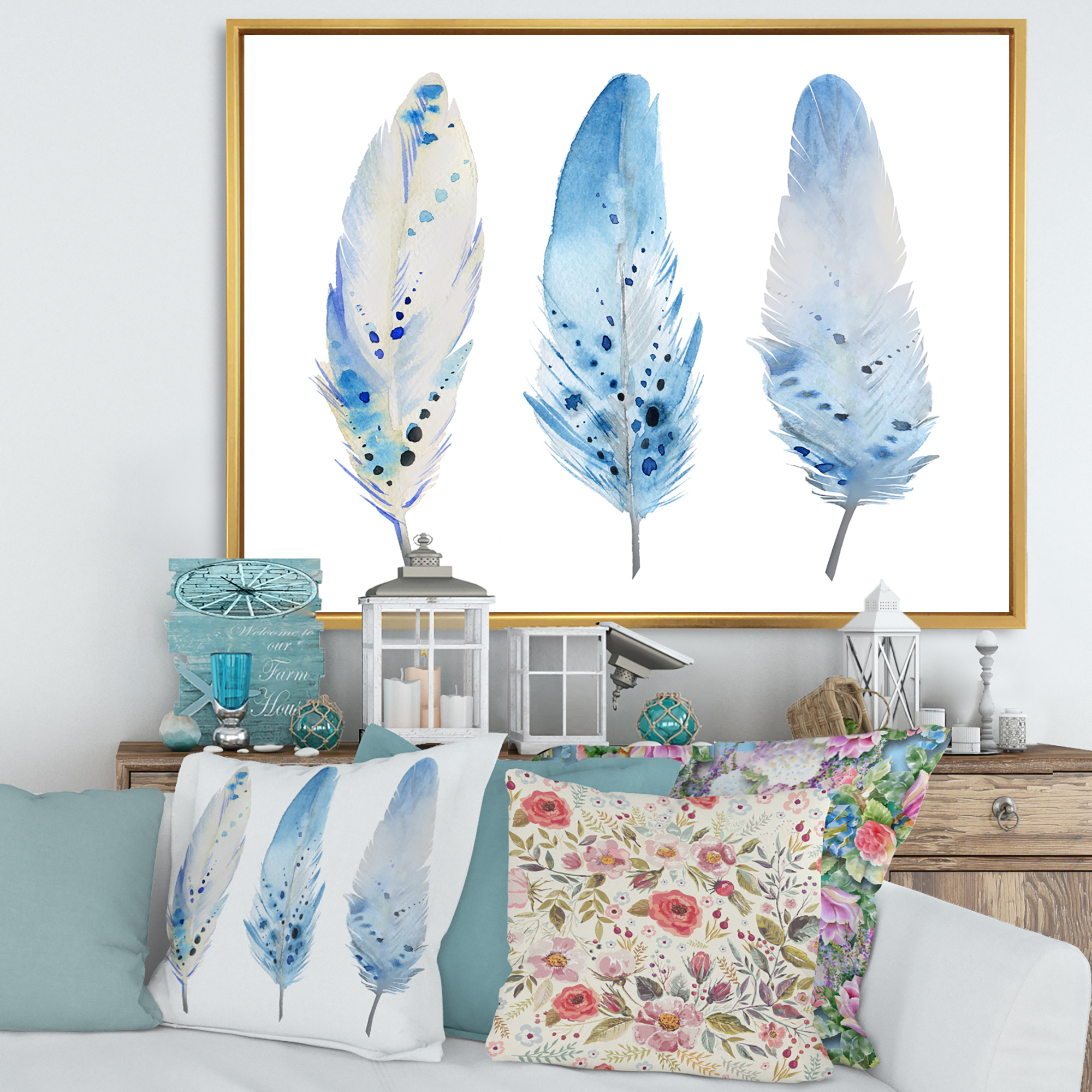 Designart 'Abstract Blue Boho Feathers II' Lake House Framed Canvas Wall Art Print
