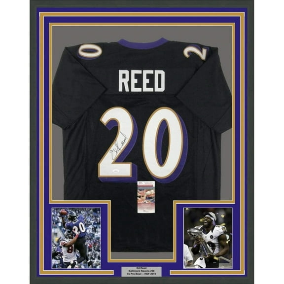 Framed Autographed/Signed Ed Reed 35x39 Baltimore Black Football Jersey JSA COA