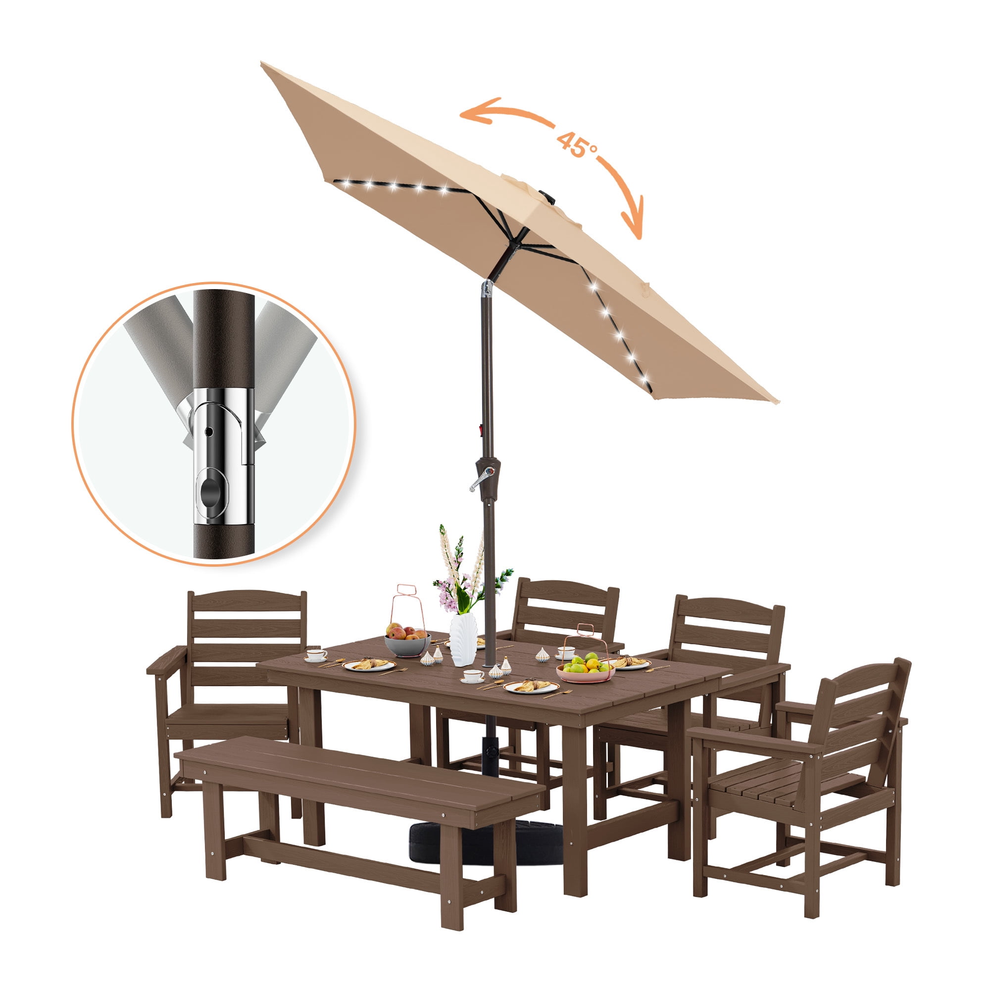 FANDAZE 6.5'x10' Solar LED Rectangular Patio Umbrella with Crank, 6 Heavy-Duty Ribs UV Protection for Garden, Deck, Backyard and Poolside, Beige