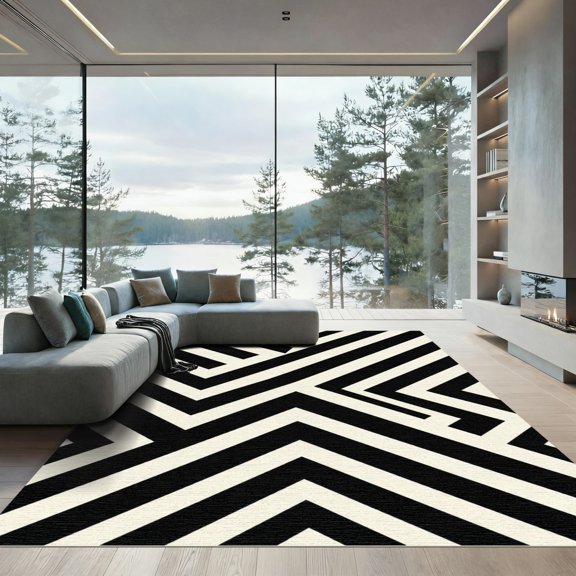 ODIKA 4' x 6' Machine Washable Non-Slip Area Rug, geometric geometric High Traffic Rug, White, 1125755