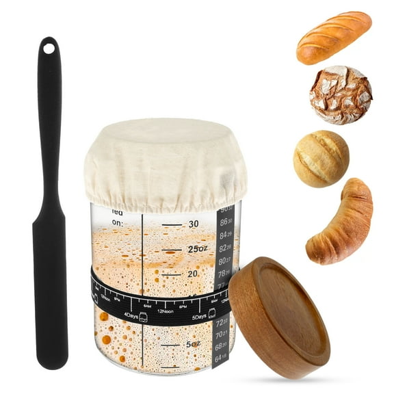 Evjurcn 6Pcs Sourdough Starter Jar Kit 1000ml Sourdough Starter Container with Wooden Lid Reusable Wide Mouth Glass Sourdough Fermentation Jar for Sourdough Bread Baking
