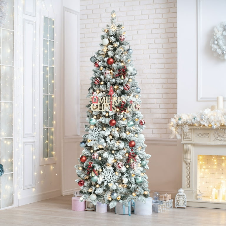 VEIKOUS 6.5ft Pre Lit Christmas Pencil Tree Snow Flocked w 200 Lights Stand for Holiday Decor Green