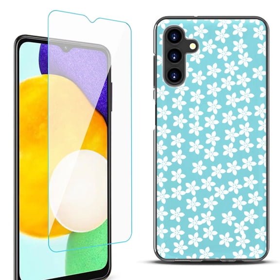 Slim-Fit Protective Fashion Phone Case (Black) for Samsung Galaxy A13 5G, with Tempered Glass Screen Protector, by OneToughShield ® - Flower/Teal