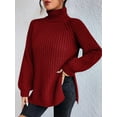 thumbnail image 3 of FEORJGP Women's Autumn Winter Sweater Long Sleeve Turtleneck Knit Pullover Solid Color Split Hem Long Knitwear Jumper Loose Casual Cozy Tops, 3 of 8