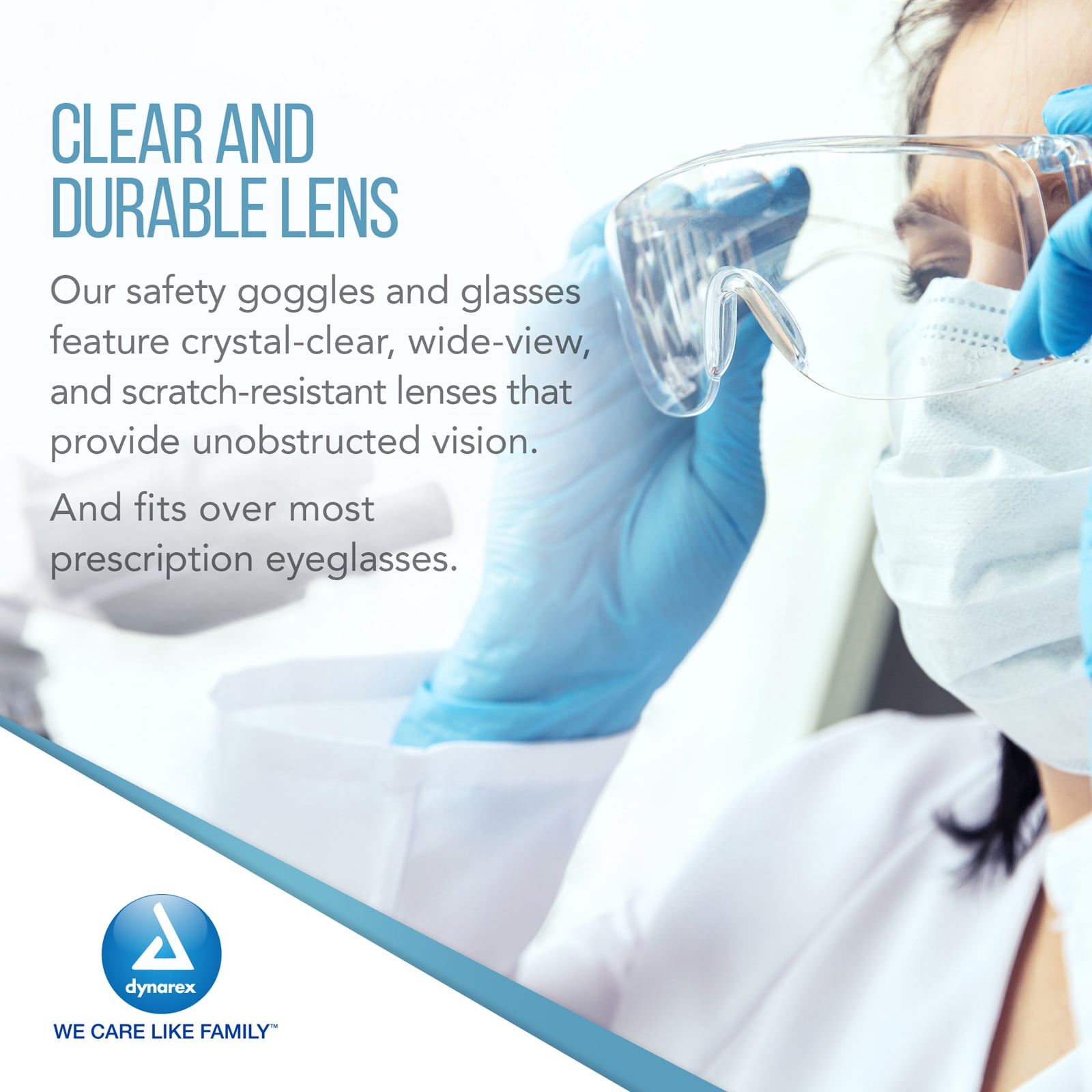 Dynarex Protective Eyewear - Clear Safety Glasses for Medical, Dental, Lab Use - Shields Eyes From Particles - Wraparound Frames With Wide-View Lens, Vented Side Shields - Pack of 50