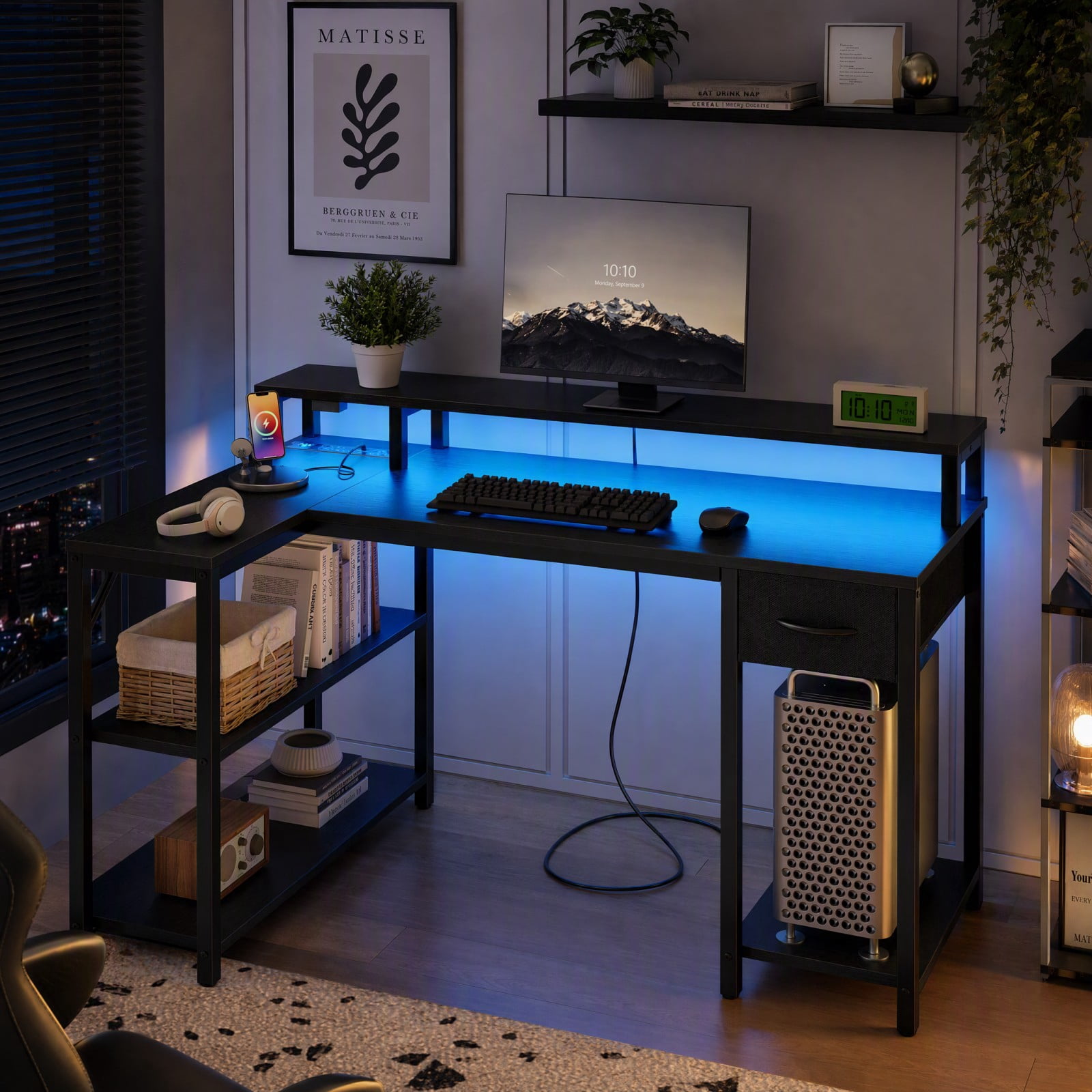 Telyra 47 Inch Gaming Table with USB Charging Port and Led Light, Reversible L-Shaped Table with Power Socket and Monitor Stand