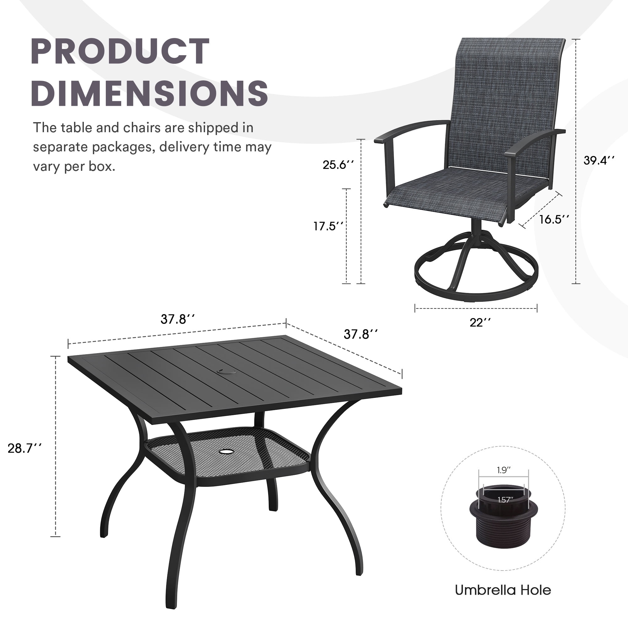 DIFY 5PCS Patio Dining Furniture Set, 38" Square Slatted Table and 4 Swivel Textilene Chairs