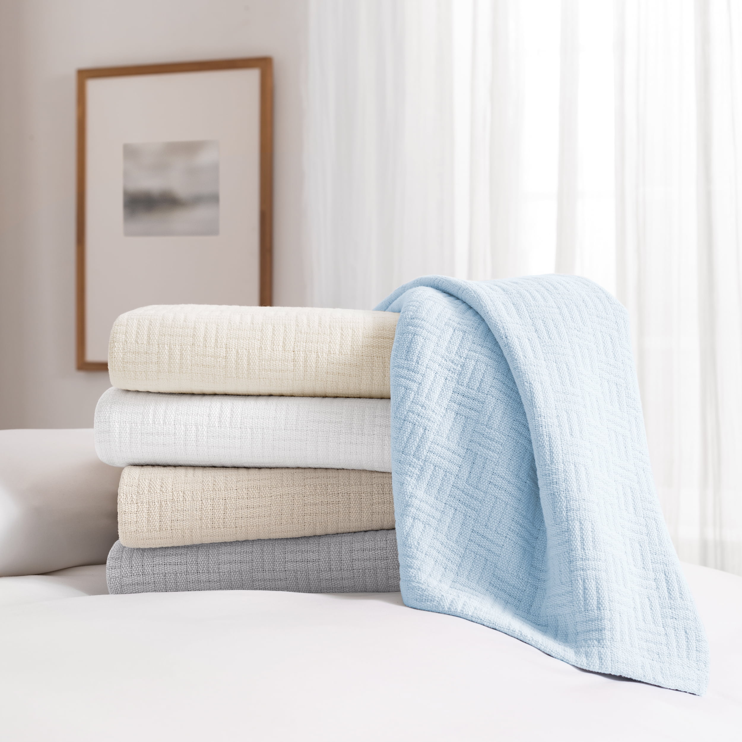 Host & Home 100% Cotton Basketweave Throw, Lightweight Blanket, 300GSM, 50x70, Light Grey
