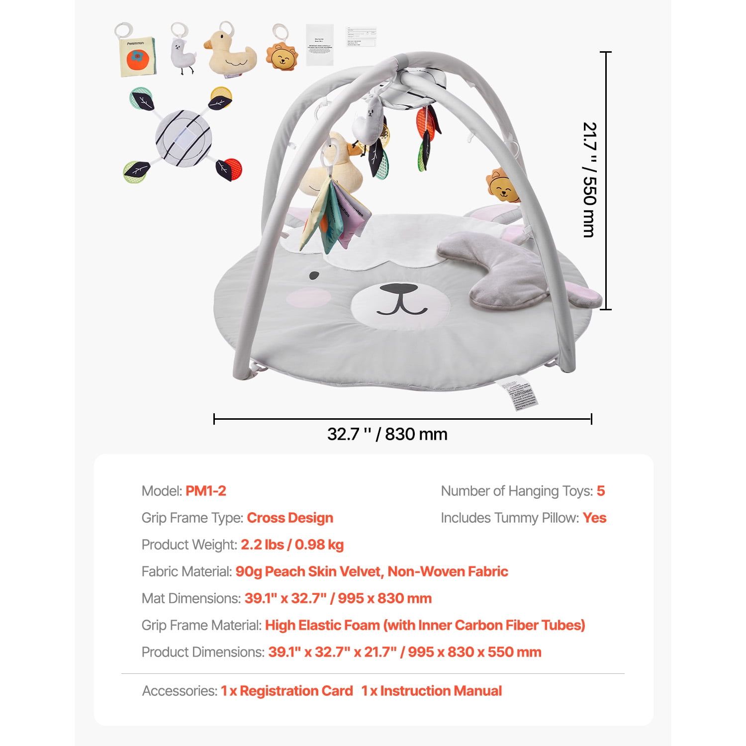 KFFKFF Baby Play Gym Mat,Includes 5 removable hanging toys and tummy time pillow,Ages 0-18 Months,39.1 x 32.7 x 21.7 in