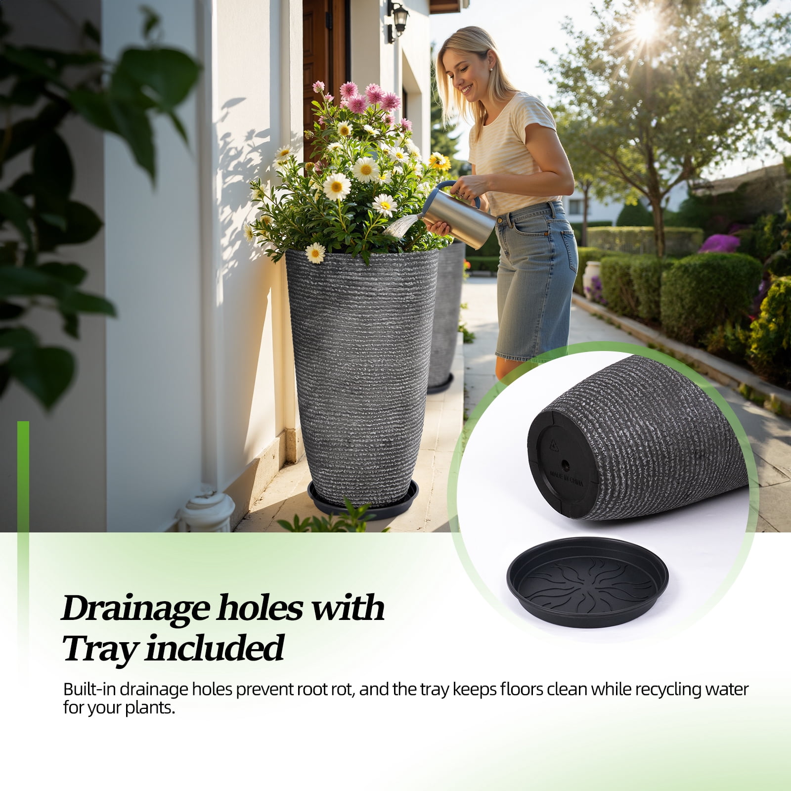QCQHDU 21 inch Tall Planters with Saucer,2 Pack 9 Gallon Stone Round Pots for Indoor Plants,Outdoor Patio & Porch Decor, Heavy Duty Weatherproof Plant Containers,Dark Gray