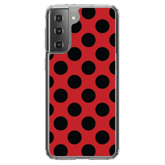 DistinctInk Clear Shockproof Hybrid Case for Galaxy S21  PLUS 5G (6.7" Screen) - TPU Bumper, Acrylic Back, Tempered Glass Screen Protector - Black & Red Polka Dots