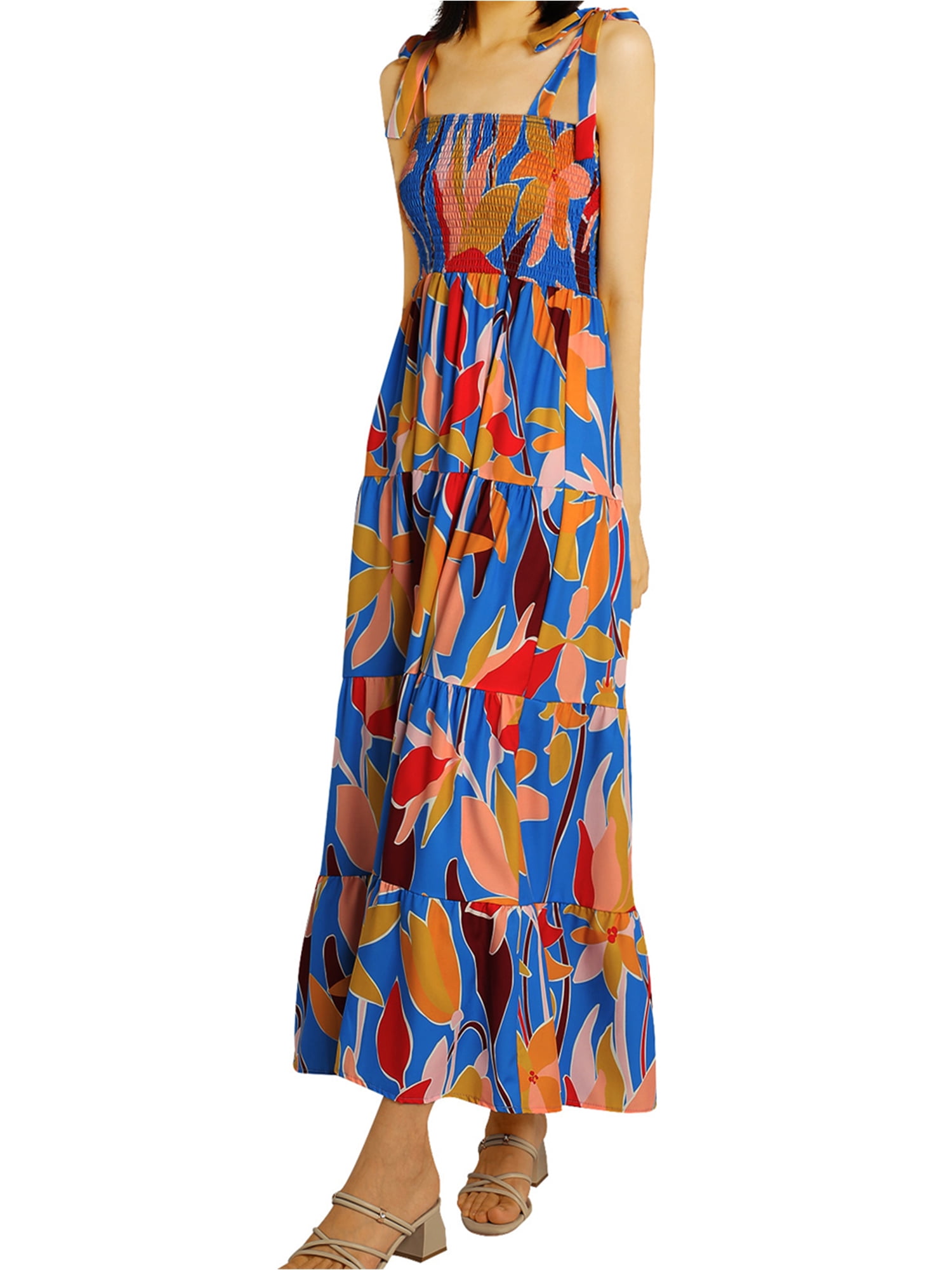 Bohe Flower Printed Slip Dress Summer Tie Up Boat Neck Maxi Dress S-XL -