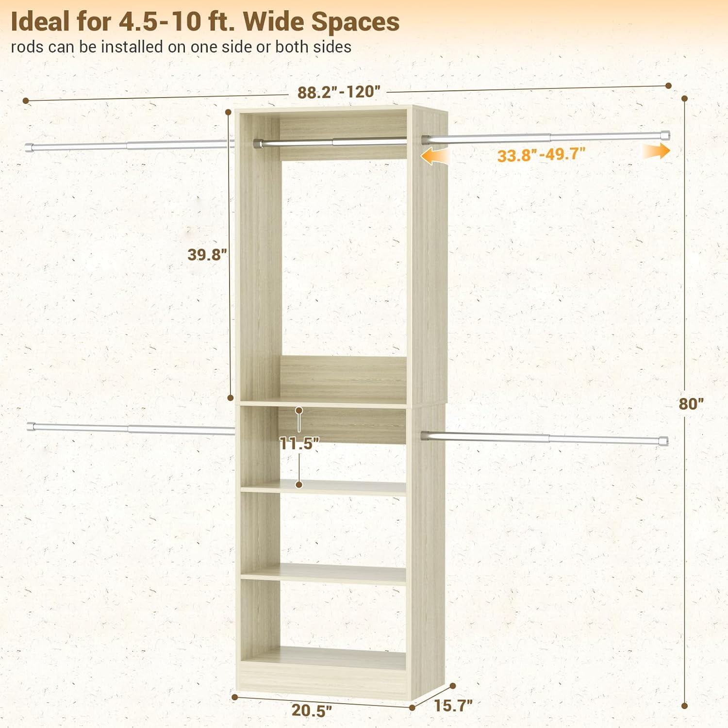Homieasy 20.5 - 120'' W Closet System with Hanging Rods(Cut to Fit), White Oak