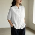 thumbnail image 4 of Uootdi Linen Tops for Women Mandarin Collar Half Sleeve Floral Embroidered Stripe Womens Tops Relaxed Fit Lightweight Womens Shirts for Women, 4 of 6