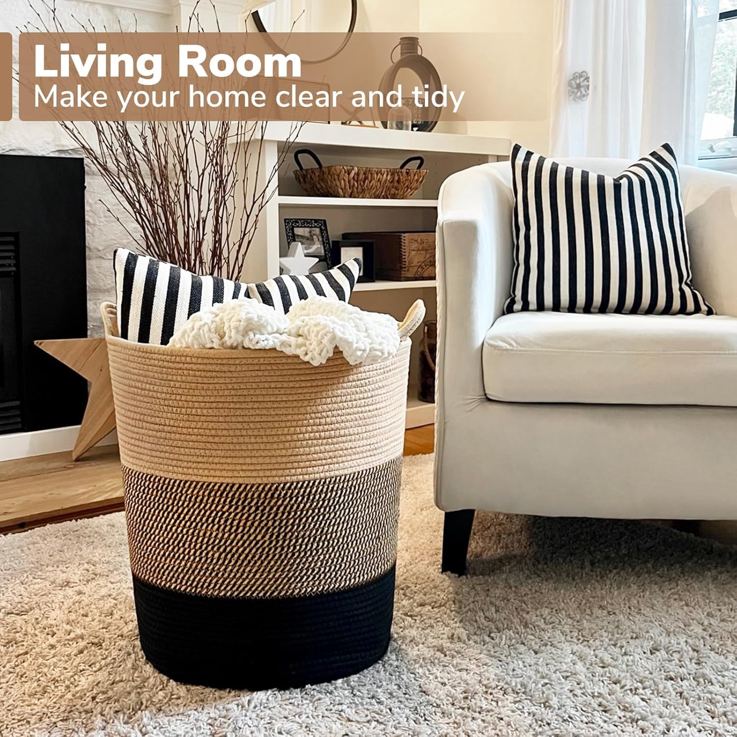 Laundry Basket Large Laundry Hamper, Woven Baskets for Storage, 17.8" x 15.8" x 13.8", Wicker Laundry Basket for Living Room, Dirty Clothes Basket, Baby Hamper for Nursery, Black & Jute
