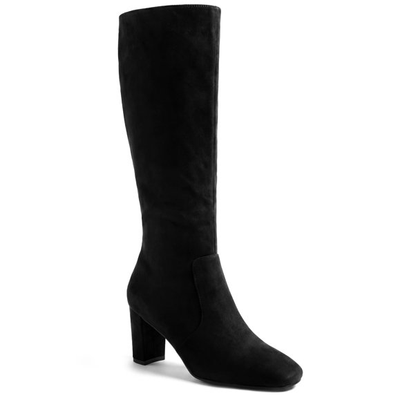 BLISSFUL STEP Knee High Boots Square Toe Chunky Heel Tall Boots Side Zipper Long Boot Black 6