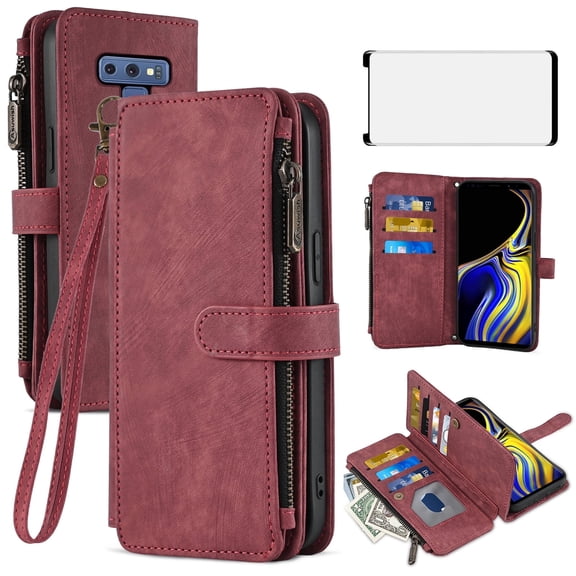 Asuwish Kickstand Hard Shell Wallet Cell Phone Case with Tempered Glass Screen Protector for Samsung Galaxy Note 9, Red