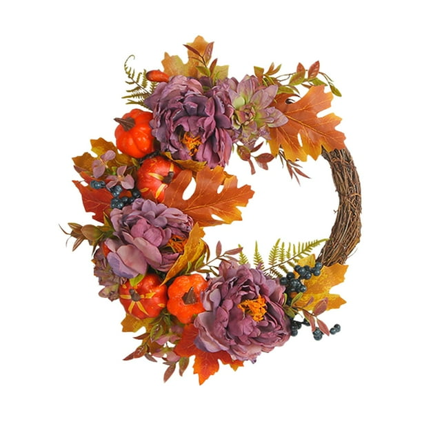 Guirnalda de flores artificiales para el Día de Acción de Gracias, corona de otoño para la puerta principal, cosecha de otoño Flor violeta
