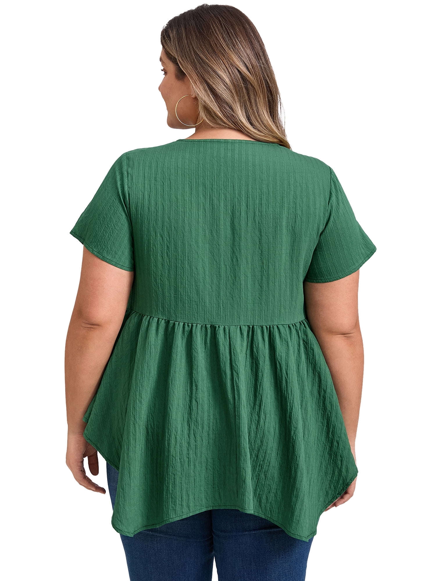 DARING DIVA Women's Plus Size V Neck Short Sleeve Asymmetric Hem Babydoll Top 3X Dark Green