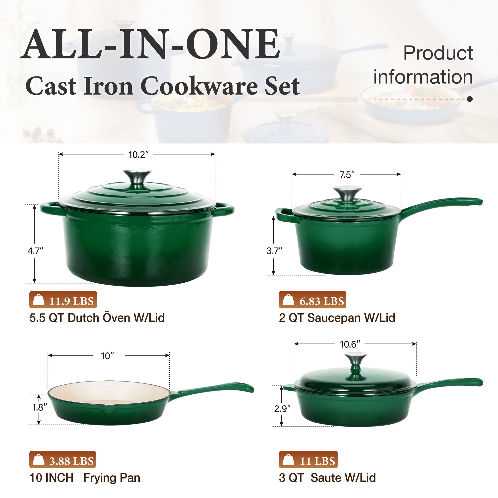 MF Studio 7-Piece Enameled Cast Iron Cookware Sets, Heavy Duty Ceramic Coated Pots and Pans Set, Emerd Dutch Ovens Set
