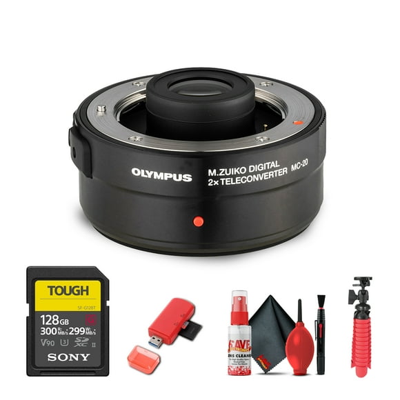 Olympus MC-20 M.Zuiko Convertisseur Numérique 2x (V321240BU000) Ensemble Incluant : Carte Mémoire 128 Go, Lecteur de Carte, Trépied Flexible, Kit de Nettoyage Complet