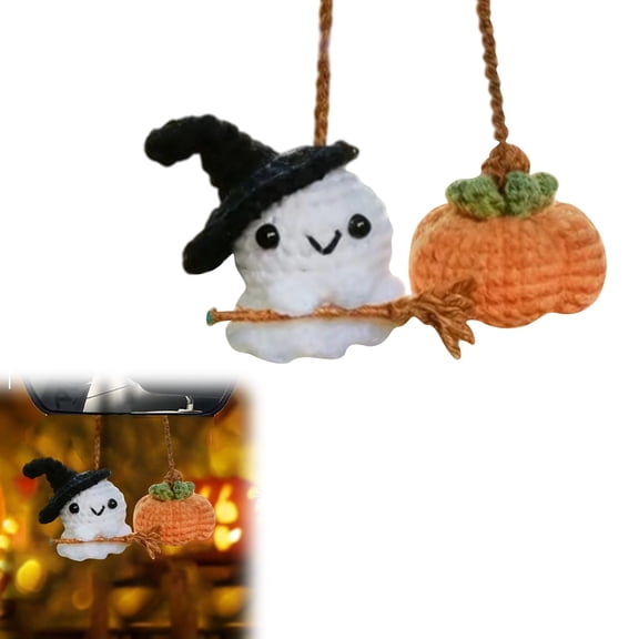 Handmade Crochet Halloween Rearview Mirror Ornament Mini Ghost & Pumpkin Hanging Decor,Adorable Car Interior Accessory For Fall & Spooky Season Hangs 2.36"