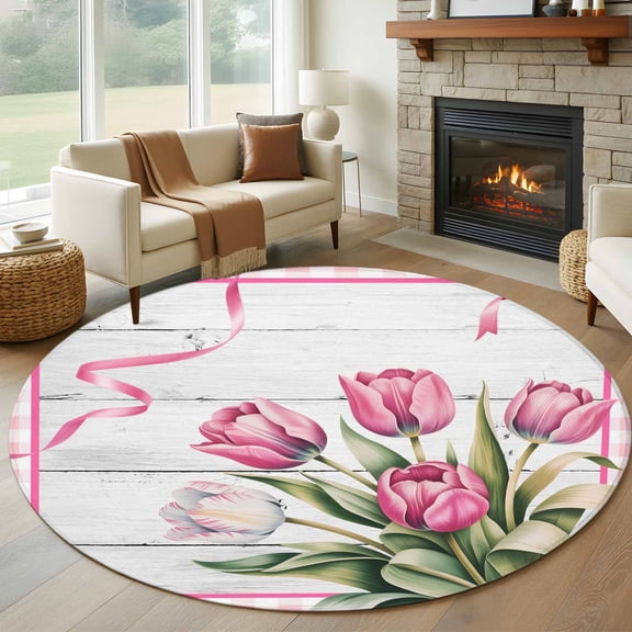Round Area Rug 5 Ft, Pink Tulip Washable Non-Slip Circle Carpet for Living Room/Bedroom, Spring Floral Romantic Flowers Modern Art Wooden Low-Profile Runner Mats Collection Rugs for Indoor