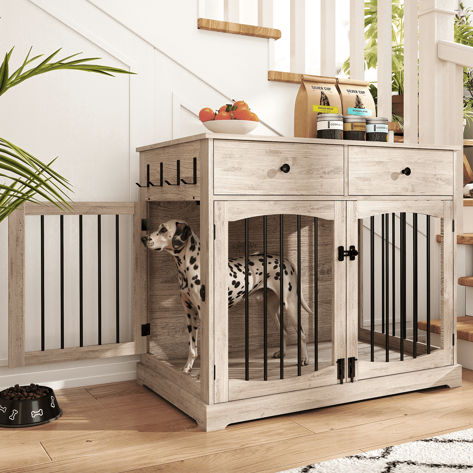 Flictozena 40 Inch Dog Crate Furniture - House Style Wooden Pet Kennel End Table with 2 Doors & Storage Drawers for Indoor Large Dogs, Gray