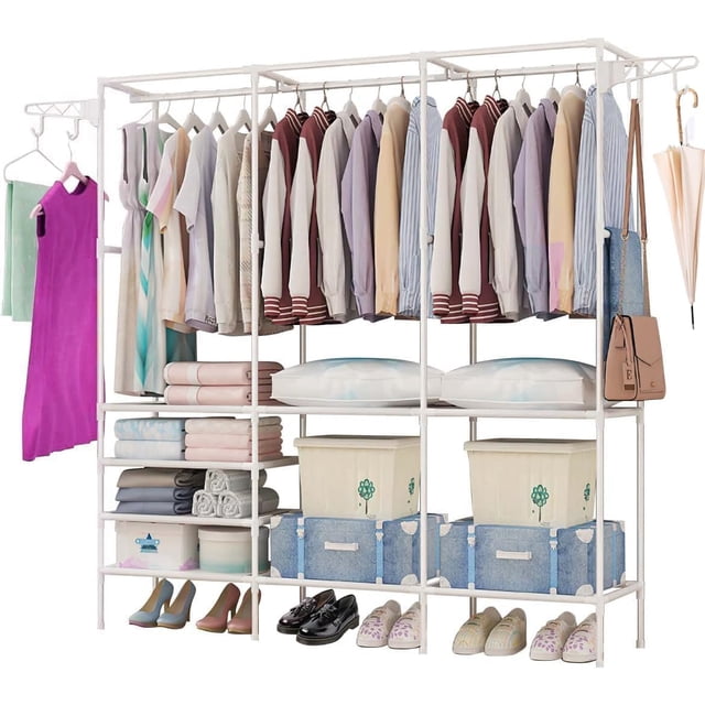 YAYUSI Organizador de Metal para Ropa,Perchero de Pie Armario con 2 ganchos laterales,Closet Organizador de Ropa, Estante de Ropa para Balcón, Dormitorio y Lavandería,Negro