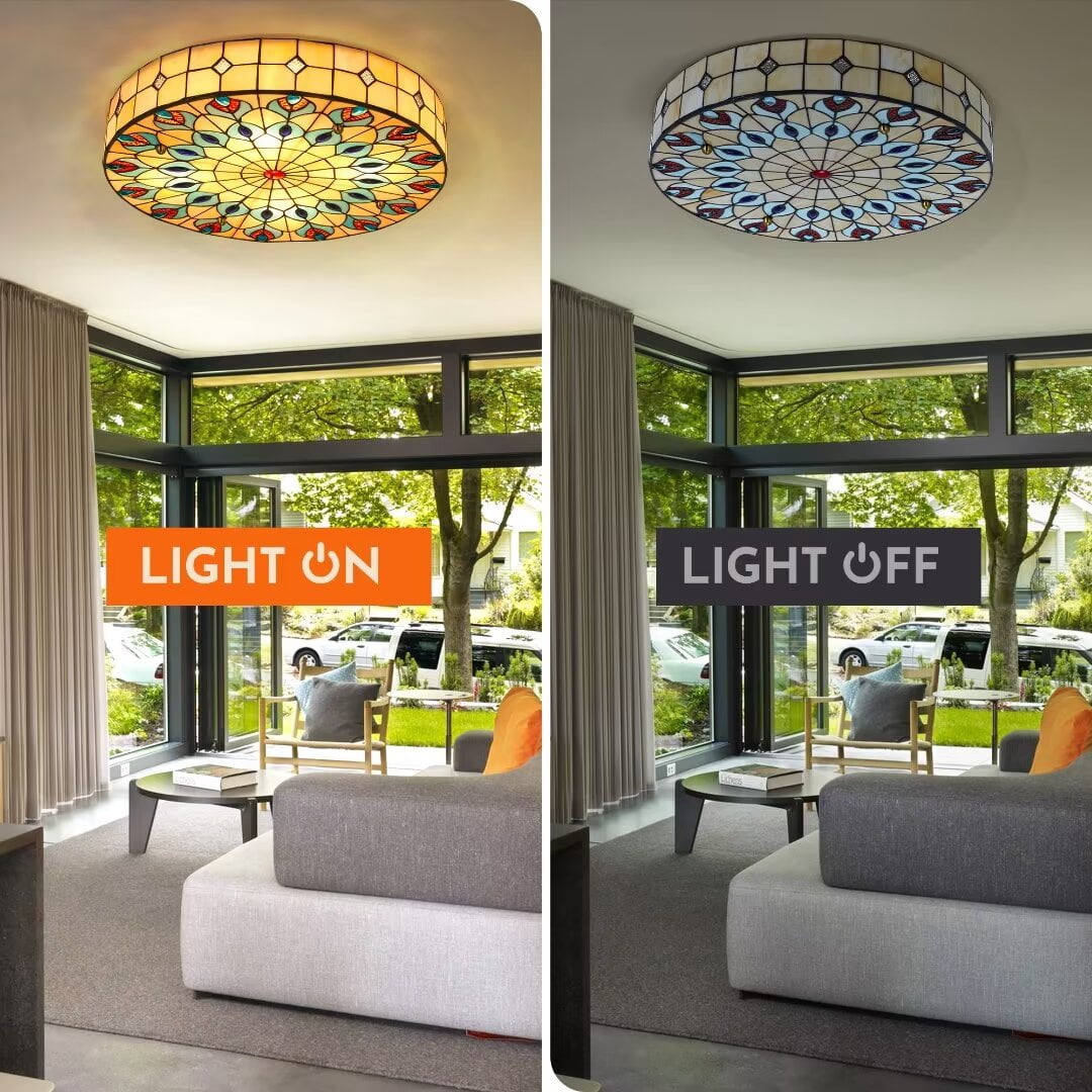 FINE MAKER  Peacock Stained Glass Ceiling Light Fixture Flush Mount Lamp Tiffany Chandelier