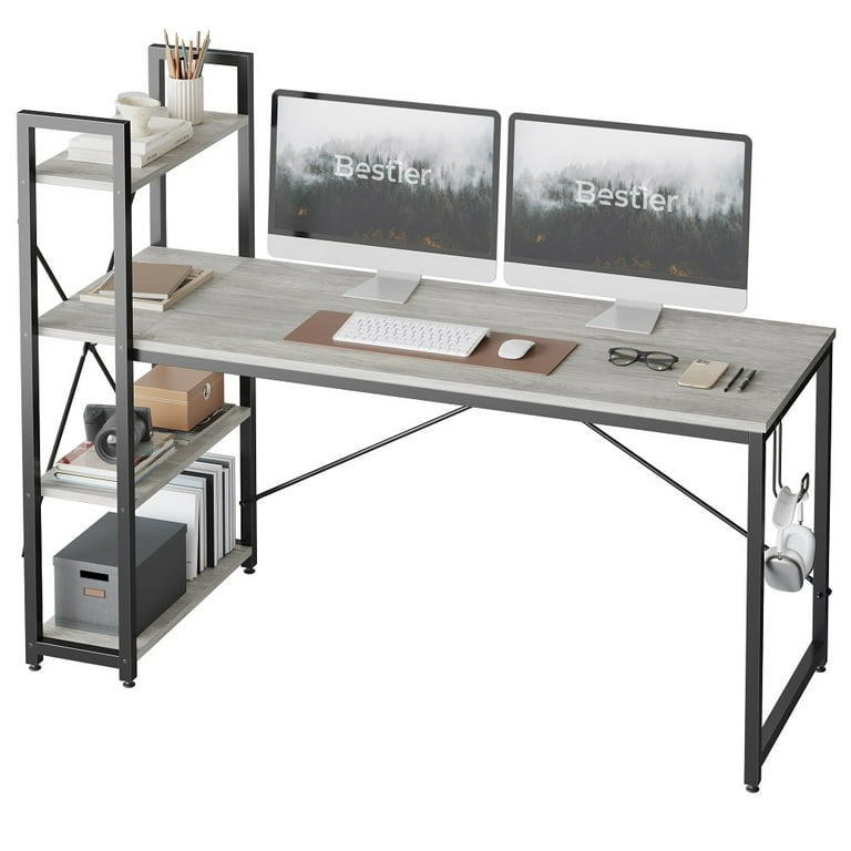 Bestier 63 inch Computer Desk with Storage Shelves, Modern Bookshelf with  Headphone Hook Light Grey