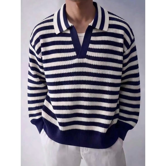 Men's Striped Long Sleeve Knit Polo Sweater, Casual Retro Pullover Top