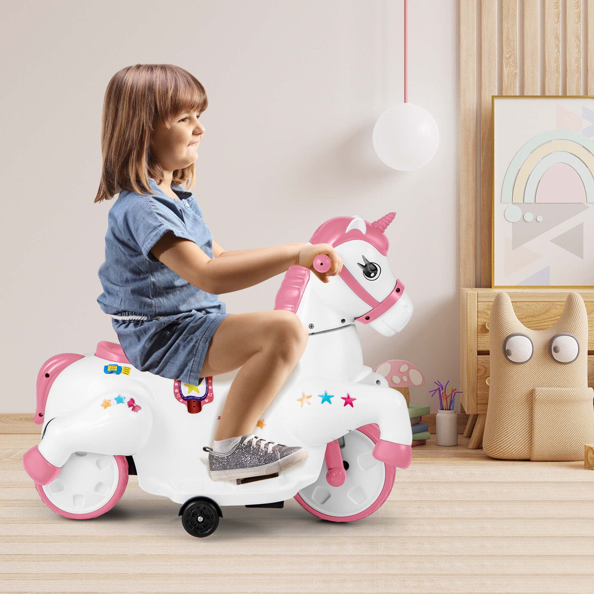 Costway 12V Kids Ride on Unicorn Toy with Training Wheels Music One-button Start Horse Toy Pink