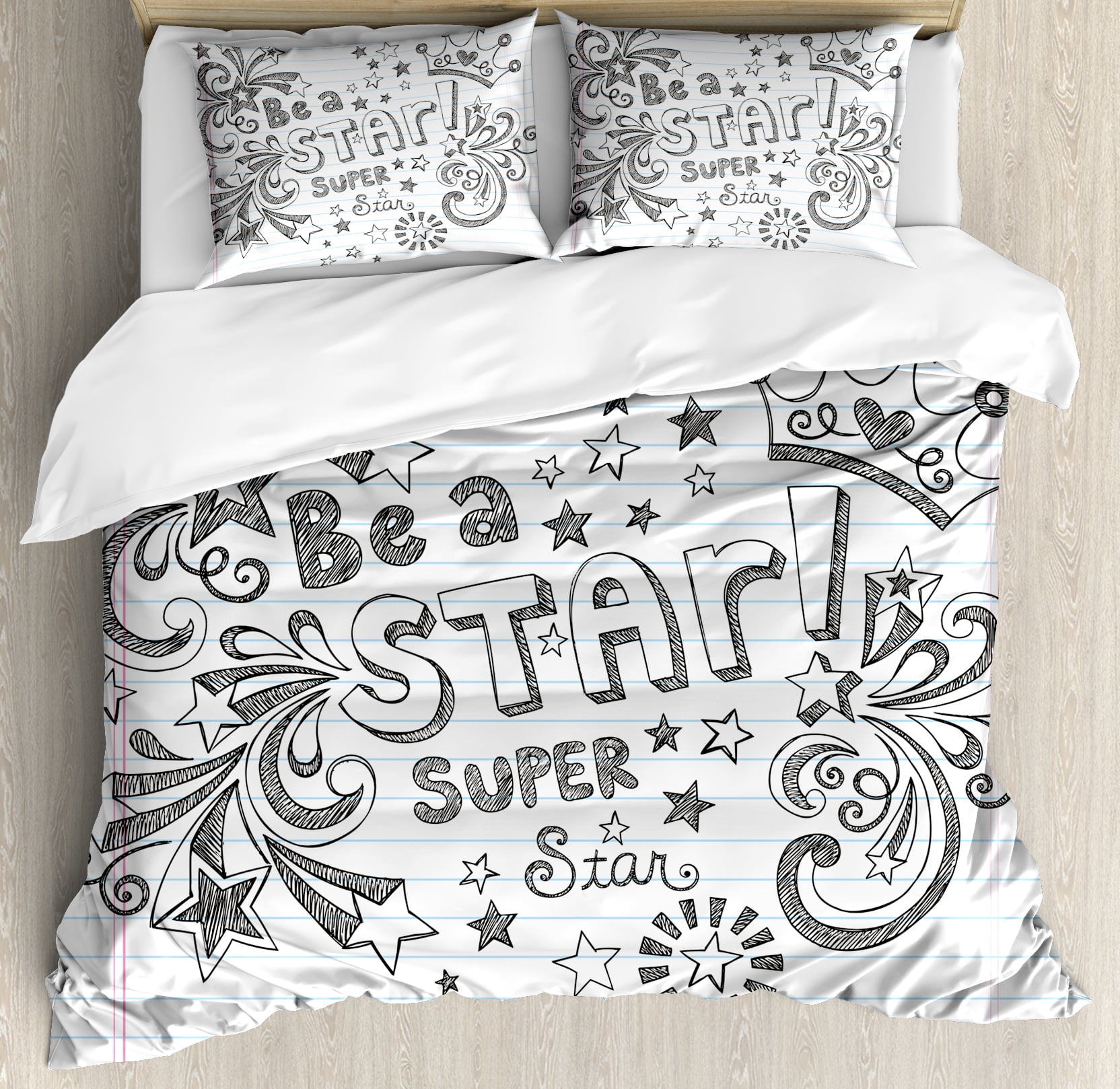 Teen Room Duvet Cover Set Be A Super Star Phrase On Notebook Paper Backdrop With Stars And Crown Print Decorative Bedding Pillow Shams