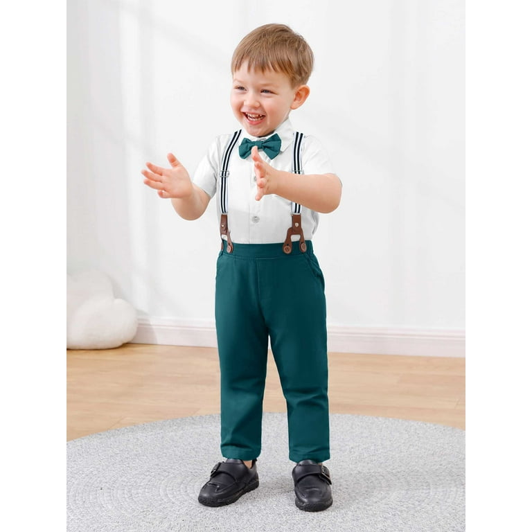 Caretoo Toddler Boy Clothes Suits Shirt Bowtie Suspender Pants Wedding Formal Outfit Cotton Fabric Toddler Boy s Size 4 5t Green