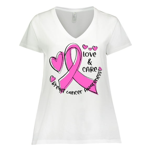 Inktastic Love, Care, Cure Breast Cancer Awareness Pink Ribbon Women's Plus Size V-Neck T-Shirt