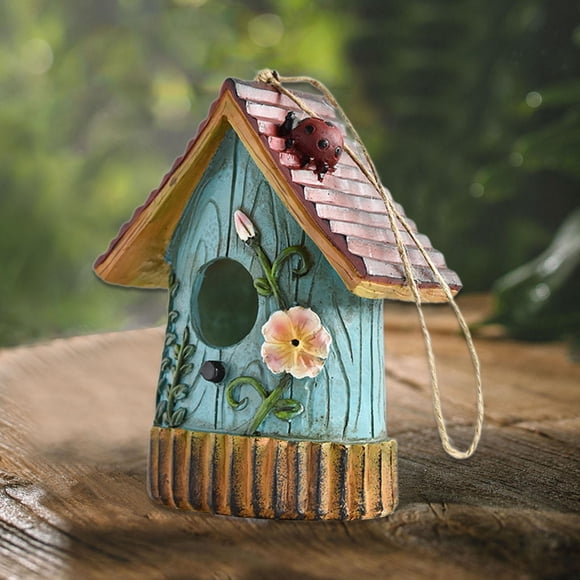 Colaxi Nichoir Suspendu Abri d'Oiseau Extérieur en Résine Décor de Jardin de Campagne Nichoir Décoratif pour Patio Arrière-Cour Arbres Clôture Bleu