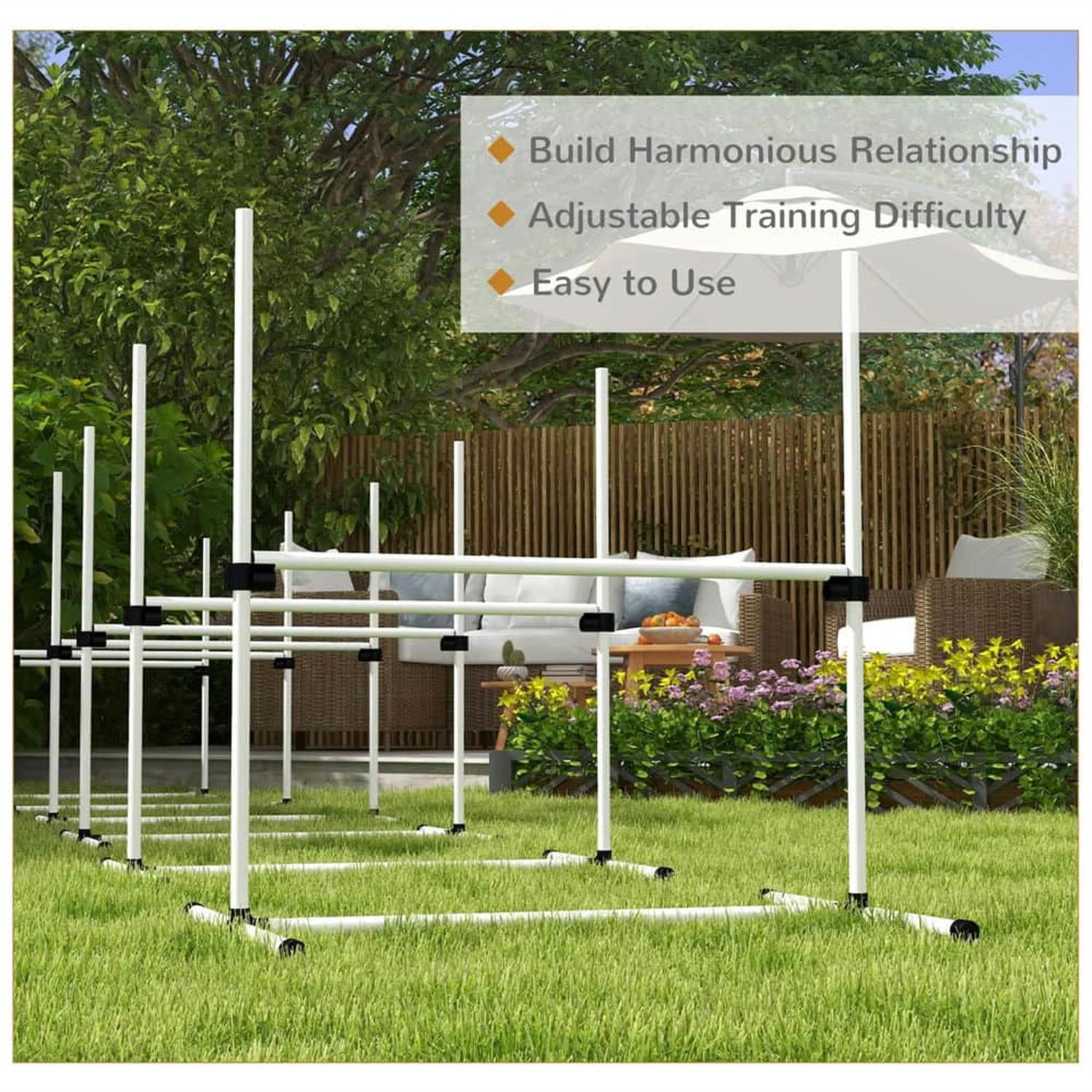 Kadyn 8-Piece Dog Agility Set with Height-Adjustable Bars, Portable Bag, Replacement Top Bar for Dog Training, Pet Agility, White
